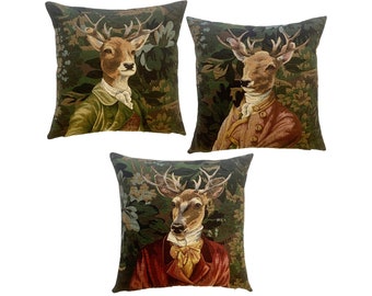 Set of 3 BELGIAN WOVEN Hand Finished 47cm x 47cm 18" x 18" Tapestry Cushion Pillow Covers, Verdure Stag Deer in Jackets, Beige Velvet Backs