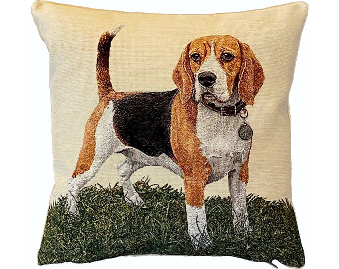 Beagle Dog Hand Finished Tapestry Pillow Cushion Cover, Zip, Soft Touch Velvet Cotton Reverse 44cm x 44cm 17" x 17"