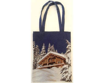 Chalet in the Snow FRENCH TAPESTRY Woven Hand Finished Tote Shoulder Bag Handbag with Matching Tapestry Straps / Handles