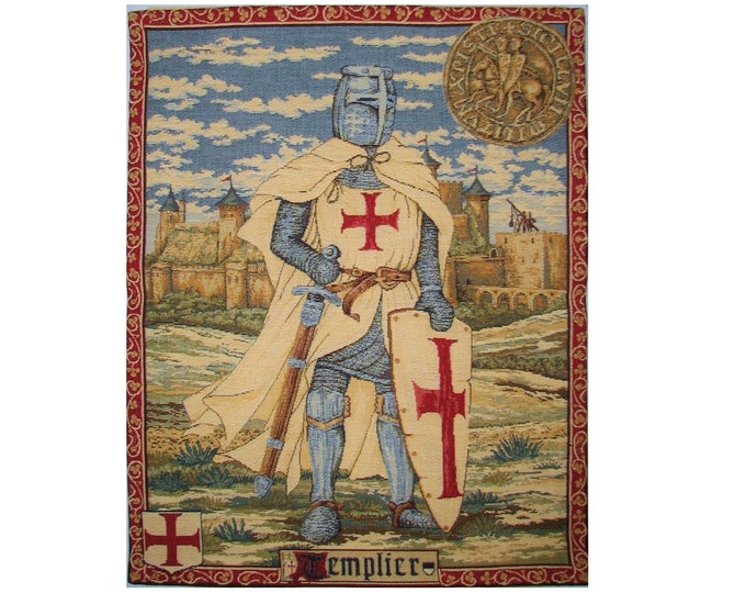 TEMPLAR KNIGHT Guarding Castle, 21" x 18", 54cm x 46cm BELGIAN Belgium jacquard woven tapestry wall hanging, fully lined with rod sleeve