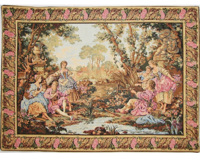 Renaissance BOUCHER Chasse et Peche, Hunting & Fishing 63cm x 46cm / 25" x 18" BELGIAN jacquard woven tapestry wall hanging with rod sleeve