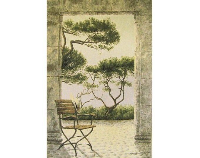 Garden Wall Patio Scene, BELGIAN Jacquard Woven Hand Finished TAPESTRY Wall Hanging, lined with hanging rod sleeve, 106cm x 70cm / 42" x 26"