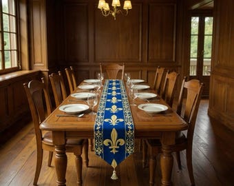 BELGIAN WOVEN Hand Finished Fully Lined Fleur de Lys TAPESTRY Table Runner with Tassels, 9300/33 Gold on Blue, 215cm x 33cm