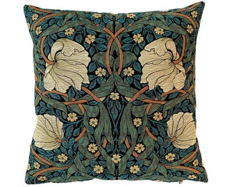 BELGIAN Jacquard WOVEN Hand Finished 47cm x 47cm 18" x 18" William MORRIS Pimpernel Design Tapestry Pillow Cushion Cover, Blue/Green 602