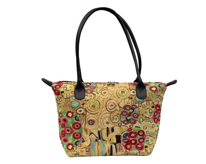 Gustav KLIMT Flowers with Lurex, BELGIAN TAPESTRY Malta Style Hand Bag 36cm x 24cm Hand finished, fully lined, leather handles, zip closure