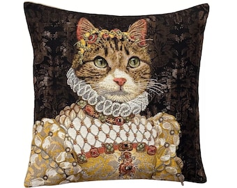 Cat lovers Elizabethan Tabby Cat Sisi Belgium BELGIAN Jacquard WOVEN Hand Finished 46cm, 18" Tapestry Pillow Cushion Cover