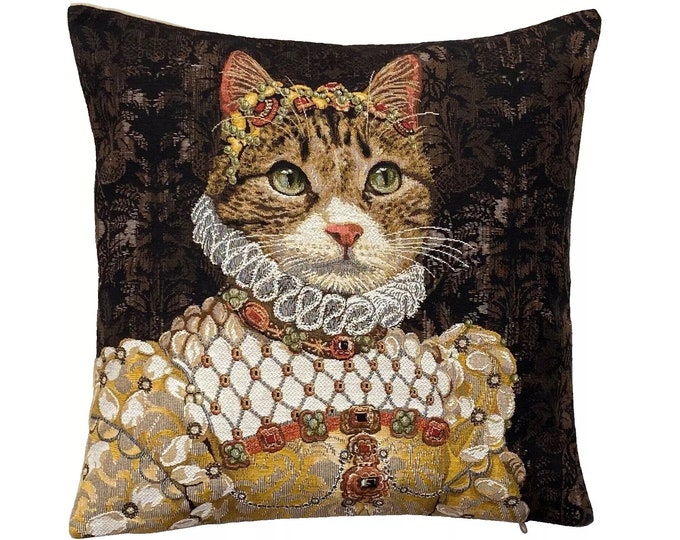 Cat lovers Elizabethan Tabby Cat Sisi Belgium BELGIAN Jacquard WOVEN Hand Finished 46cm, 18" Tapestry Pillow Cushion Cover