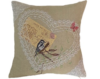 BELGIAN JACQUARD WOVEN Hand Finished Tapestry Pillow Cushion Cover, Heart with Bird & Butterfly 16" x 16" 42cm x 42cm