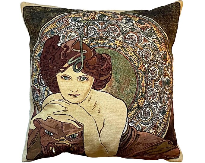 Alphonse MUCHA Emerald Emeraude BELGIAN Belgium Jacquard WOVEN Hand Finished Tapestry Pillow Cushion Cover, 47cm x 47cm, 18" x 18"