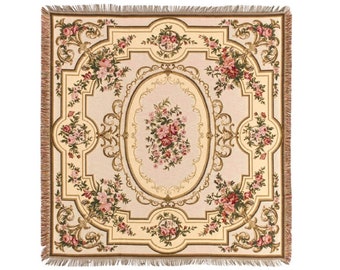 BELGIAN Jacquard Woven 150cm x 150cm Aubusson TAPESTRY Table Throw Bed Spread Occasional Cover with Tassels