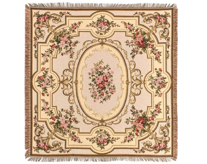 BELGIAN Jacquard Woven 150cm x 150cm Aubusson TAPESTRY Table Throw Bed Spread Occasional Cover with Tassels