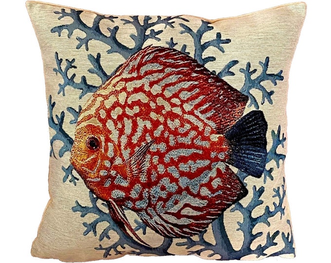 Red/Orange Fish With Coral, French Hand Finished 44cm 17" Lightweight Tapestry Pillow Cushion Cover With Zip & Soft Touch Beige Velvet Back