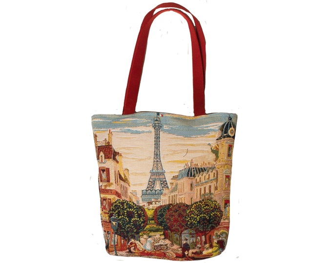 EIFFEL Tower Arc de TRIOMPH Double Sided BELGIAN Tapestry Woven Hand Finished Tote Shoulder Bag Handbag, 40cm x 40cm 16" x 16" Excl. Handles