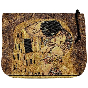 Gustav Klimt "El beso" Le Baiser, bolsa de maquillaje grande con tapiz belga, con acabado a mano, 23 cm x 16 cm, con cremallera
