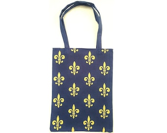 Gold Fleur de Lys on Blue FRENCH Tapestry Woven Hand Finished Tote Shoulder Bag Handbag with Matching Tapestry Straps / Handles