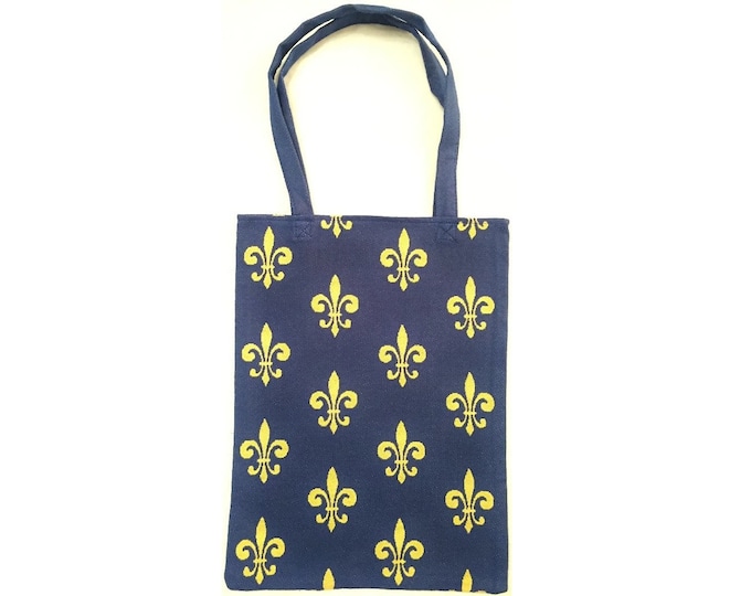 Gold Fleur de Lys on Blue FRENCH Tapestry Woven Hand Finished Tote Shoulder Bag Handbag with Matching Tapestry Straps / Handles
