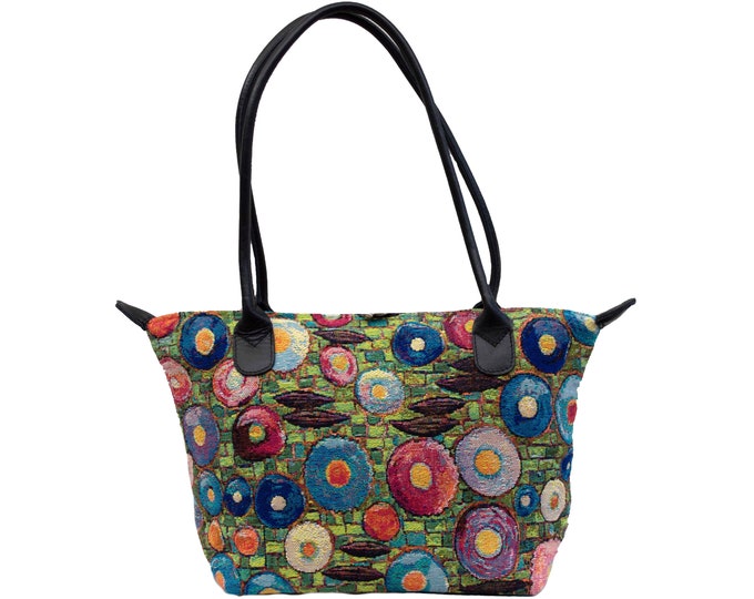 Gustav KLIMT Circles, BELGIAN TAPESTRY Malta Style Hand Bag 36cm x 24cm Hand finished, fully lined, leather handles, zip closure