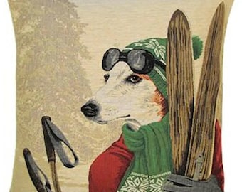 Whippet Dog Ski-ing Ski, BELGIAN Jacquard WOVEN Hand Finished Tapestry Pillow Cushion Cover, 46cm, 18", soft touch velvet reverse, 1701B