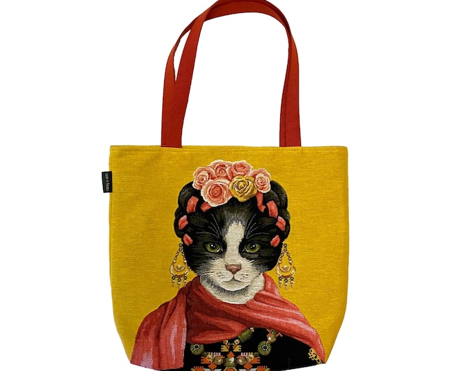 FRIDA KAHLO Black & White Cat, BELGIAN Tapestry Woven Hand Finished Large Tote Shoulder Bag Handbag, Bag Size 46cm x 46cm 18" x 18", 3061A