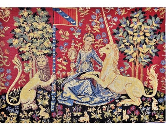Cluny Lady & the Unicorn The View BELGIAN Belgium jacquard woven tapestry wall hanging 25.2" x 17.7" / 64cm x 45cm fully lined + rod sleeve