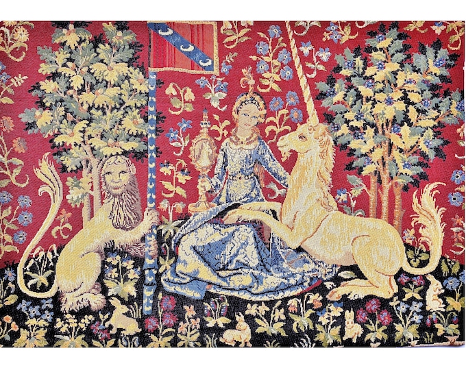 Cluny Lady & the Unicorn The View BELGIAN Belgium jacquard woven tapestry wall hanging 25.2" x 17.7" / 64cm x 45cm fully lined + rod sleeve