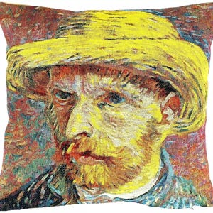 May include: A close-up of a painting of a man wearing a yellow straw hat. The man has a beard and mustache and is looking directly at the viewer. The painting is done in a style that is reminiscent of Vincent van Gogh.