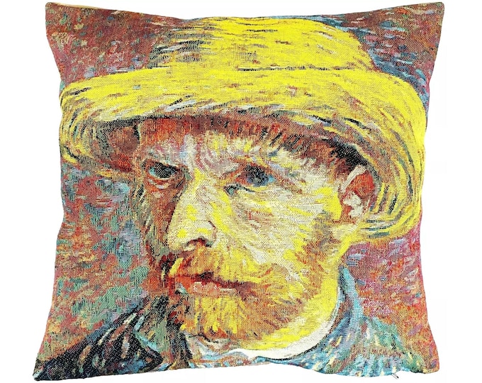 Vincent Van GOGH Self Portrait with Straw Hat, BELGIAN Jacquard WOVEN Hand Finished Tapestry Pillow Cushion Cover, 46cm x 46cm, 18" x 18"