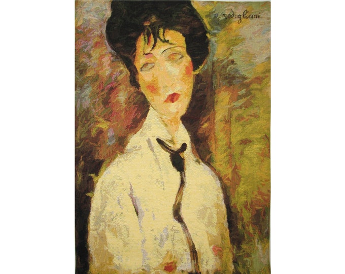 Amedeo MODIGLIANI The Woman with the Black Tie BELGIAN Jacquard WOVEN Hand Finished Tapestry Wall Hanging + Rod Sleeve 66cm x 47cm 26" x 18"