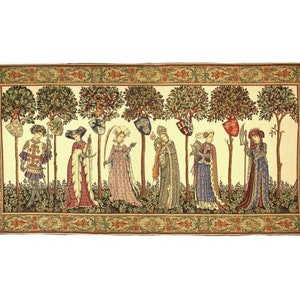 May include: A tapestry depicting a procession of figures in a woodland setting. The figures are dressed in medieval attire and are holding shields and other objects. The tapestry is woven in a variety of colours, including red, blue, green, and gold.