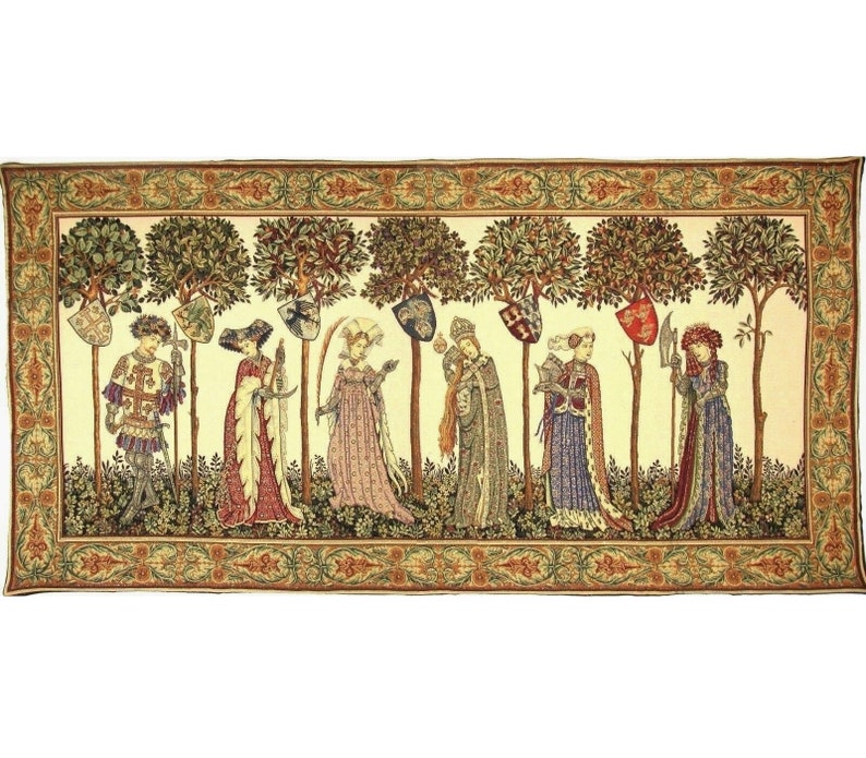 May include: A tapestry depicting a procession of figures in a woodland setting. The figures are dressed in medieval attire and are holding shields and other objects. The tapestry is woven in a variety of colours, including red, blue, green, and gold.