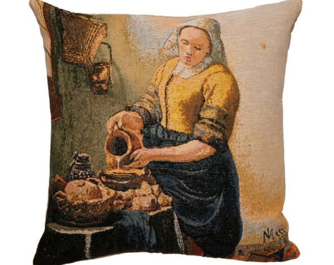 Johannes VERMEER Milkmaid BELGIAN Jacquard WOVEN Hand Finished Tapestry Pillow Cushion Cover, 13" x 13" / 33cm x 33cm, with zip