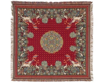 BELGIAN Jacquard Woven 150cm x 150cm Cluny Unicorn Licorne Design TAPESTRY Table Throw Bed Spread Occasional Cover with Tassels