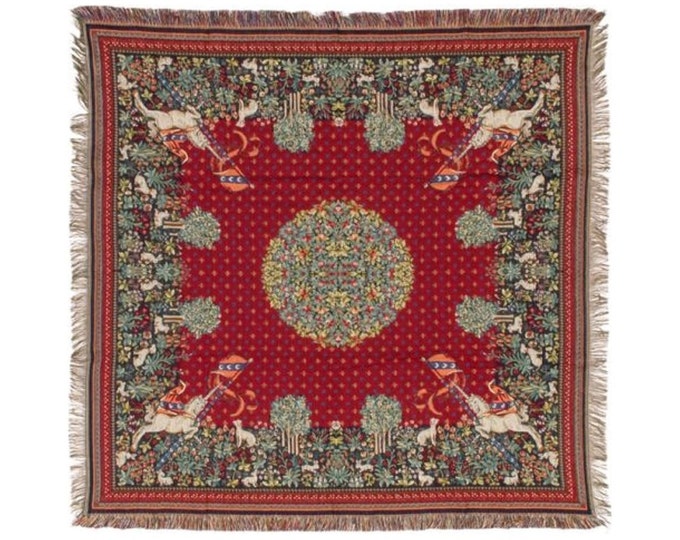 BELGIAN Jacquard Woven 150cm x 150cm Cluny Unicorn Licorne Design TAPESTRY Table Throw Bed Spread Occasional Cover with Tassels