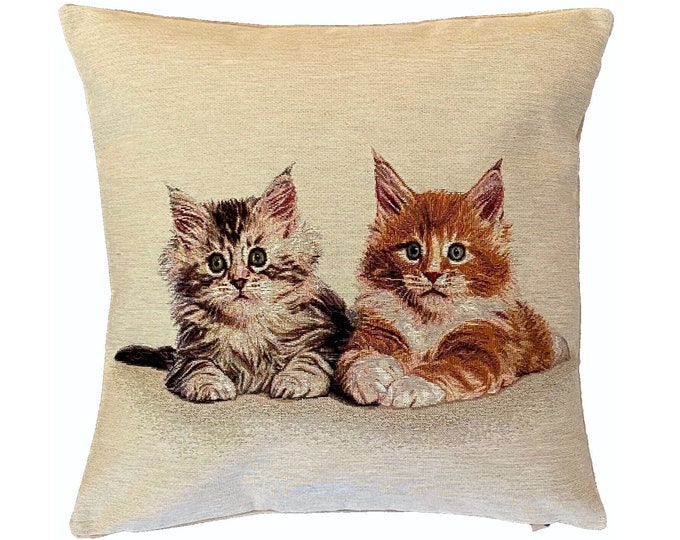 Cute Kittens Chatons French Hand Finished Tapestry Pillow Cushion Cover WIth Zip & Soft Touch Velvet Cotton Reverse, 44cm x 44cm, 17" x 17"