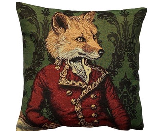Military Fox Renard, French Hand Finished Tapestry Pillow Cushion Cover WIth Zip & Soft Touch Velvet Cotton Reverse, 44cm x 44cm, 17" x 17"