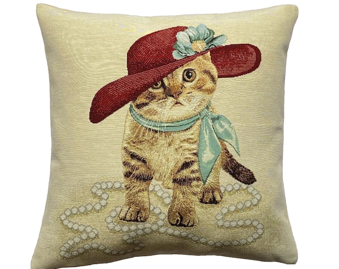 Cat With Hat, Scarf & Pearls, French Hand Finished Tapestry Pillow Cushion Cover, 17" x 17" 44cm x 44cm