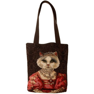 Cat lovers BELGIAN TAPESTRY Shopping Tote Bag 38CM X 34CM, Regal Cat with Red Dress and Tiara / Crown
