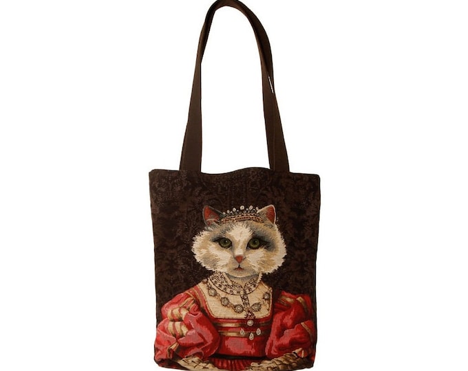 Cat lovers BELGIAN TAPESTRY Shopping Tote Bag 38CM X 34CM, Regal Cat with Red Dress and Tiara / Crown