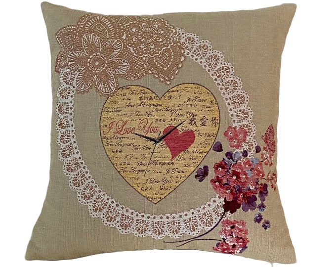 BELGIAN JACQUARD WOVEN Hand Finished Tapestry Pillow Cushion Cover, Heart with Flowers & "I Love You" 16" x 16" 42cm x 42cm