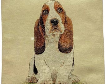 Basset Hound Dog Hand Finished Tapestry Pillow Cushion Cover, Zip, Soft Touch Velvet Cotton Reverse 44cm x 44cm 17" x 17"