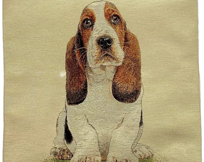 Basset Hound Dog Hand Finished Tapestry Pillow Cushion Cover, Zip, Soft Touch Velvet Cotton Reverse 44cm x 44cm 17" x 17"