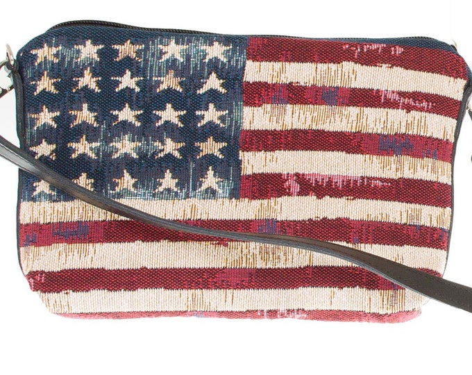 USA US Stars & Stripes Belgian Hand Finished TAPESTRY Clutch / Evening Bag 23cm x 16cm With Detachable Leather Shoulder Strap