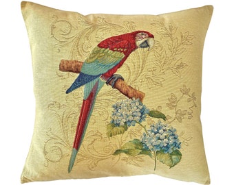 TROPICAL Birds Series, Red Parrot, BELGIAN Belgium Jacquard WOVEN Hand Finished 45cm 18" Tapestry Pillow Cushion Cover