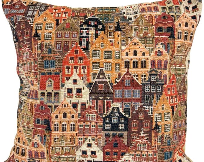 BRUGGE Huizen Bruges Maison Houses BELGIAN Belgium Jacquard WOVEN Hand Finished Tapestry Pillow Cushion Cover 46cm x 46cm 18" x 18"