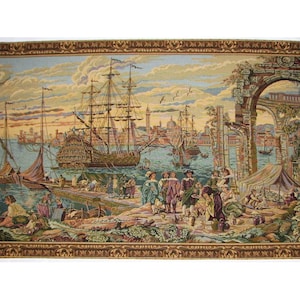 16th Century VENICE Harbour BELGIAN Belgium Jacquard WOVEN Hand Finished Tapestry Wall Hanging 46.5&quot; x 26.5&quot; 118cm x 68cm lined + Rod Sleeve