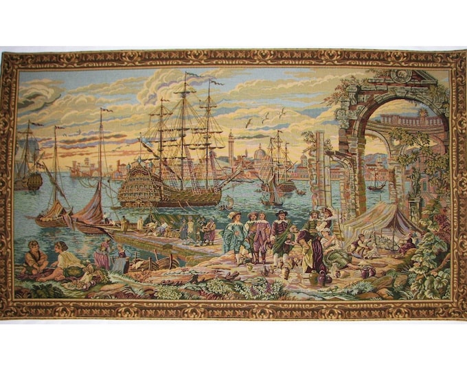 16th Century VENICE Harbour BELGIAN Belgium Jacquard WOVEN Hand Finished Tapestry Wall Hanging 46.5" x 26.5" 118cm x 68cm lined + Rod Sleeve