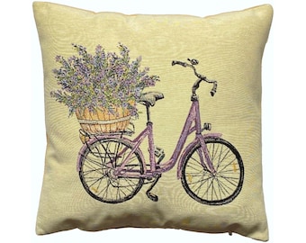 Country Lavender Bicycle Hand Finished Tapestry Pillow Cushion Cover, Zip, Soft Touch Velvet Cotton Reverse 44cm x 44cm 17" x 17"