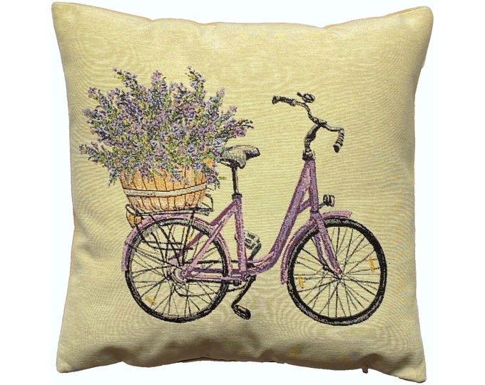 Country Lavender Bicycle Hand Finished Tapestry Pillow Cushion Cover, Zip, Soft Touch Velvet Cotton Reverse 44cm x 44cm 17" x 17"