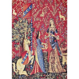 クルーニー婦人とユニコーンの香り ベルギー ベルギー ジャカード織りタペストリー 壁掛け 64 cm x 45 cm / 25.2" x 17.7" 総裏地 + ロッドスリーブ