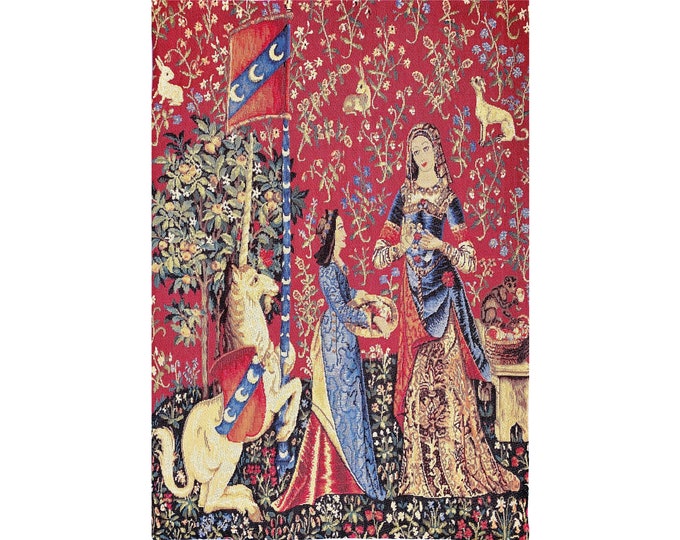 Cluny Lady & the Unicorn The Smell BELGIAN Belgium jacquard woven tapestry wall hanging 64cm x 45cm / 25.2" x 17.7" fully lined + rod sleeve